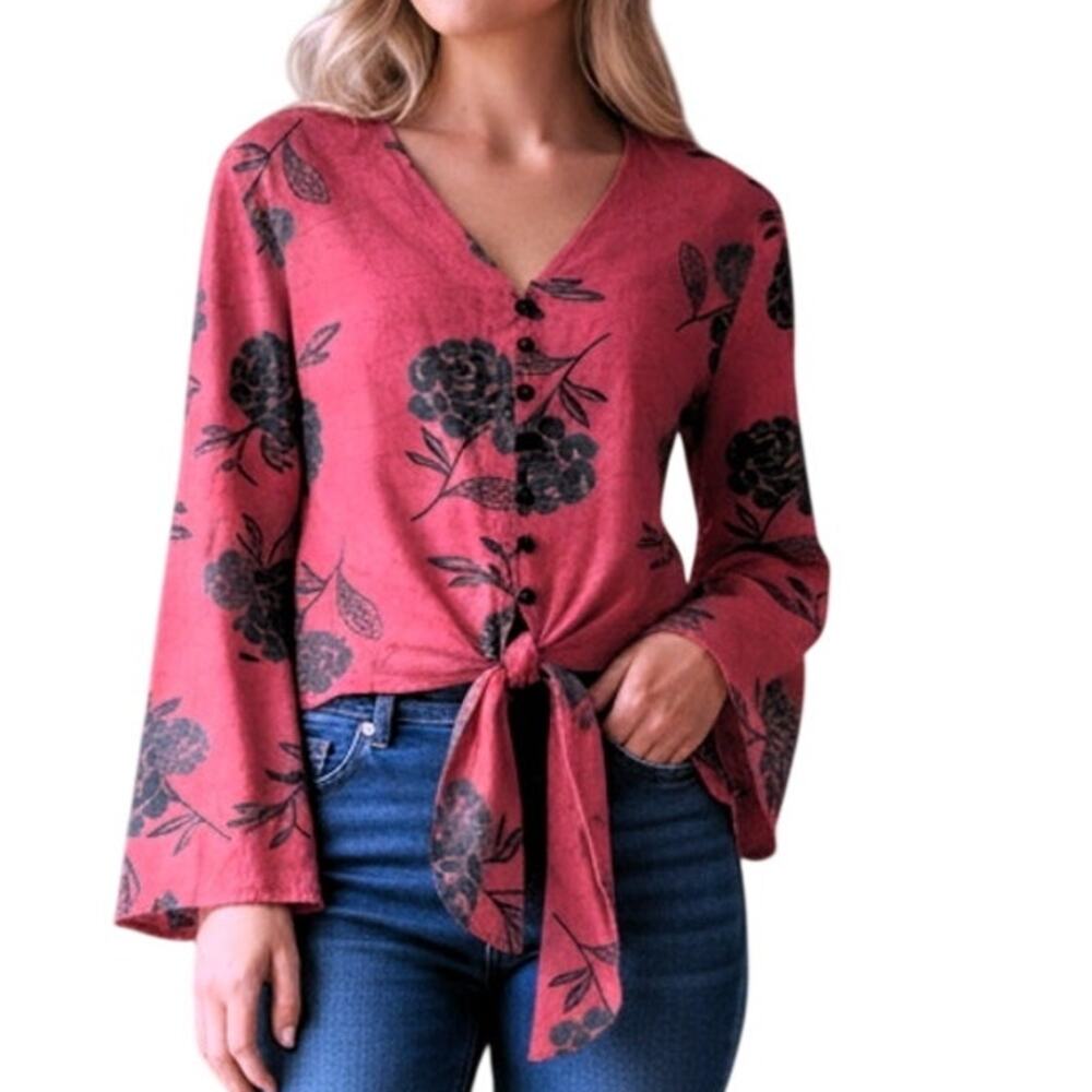 Bombay Paisley Bell Sleeve Top Womns Medium Watermelon Floral Tie Hem Blouse